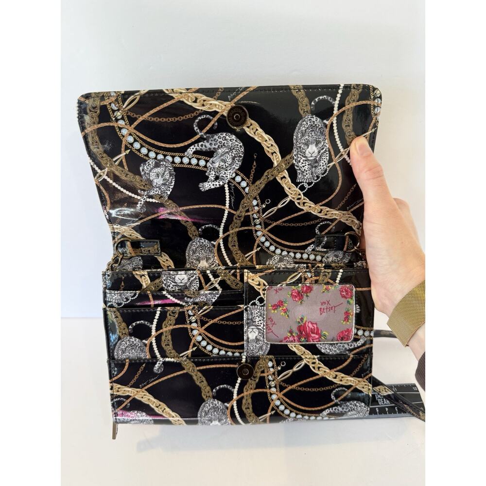 Betsey Johnson XODANI Black Animal Print Leopard Chain Wallet Crossbody Purse - Picture 4 of 14